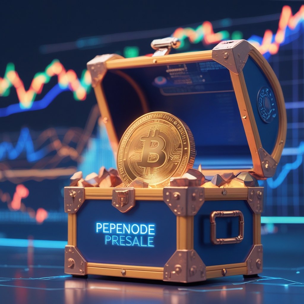 PEPENODE presale: A bright, colorful treasure chest opening to reveal a shining PEPENODE coin and a happy crypto market landscape.