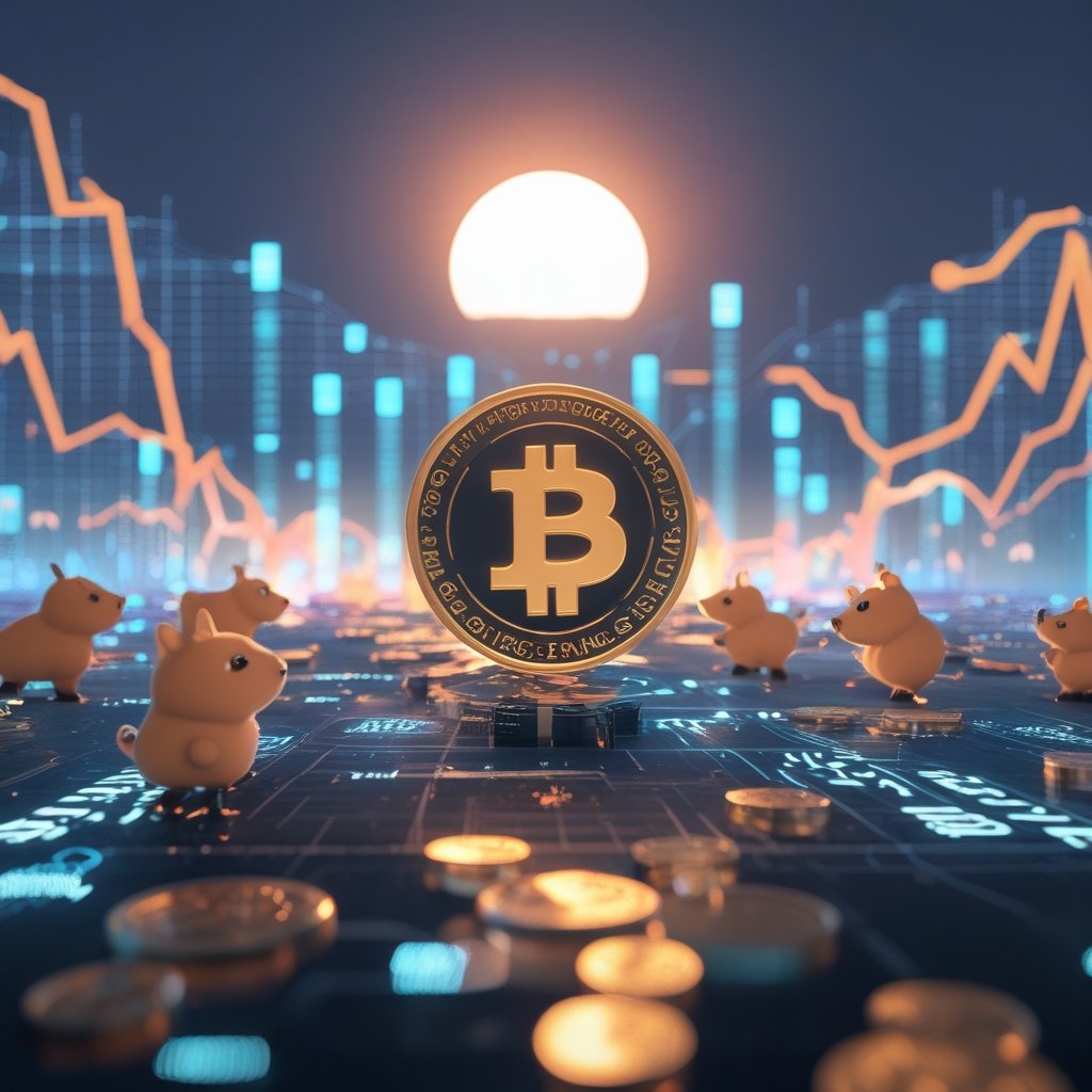 PEPENODE presale: A bright sun rising over a digital landscape with floating coins and happy cartoon animals.