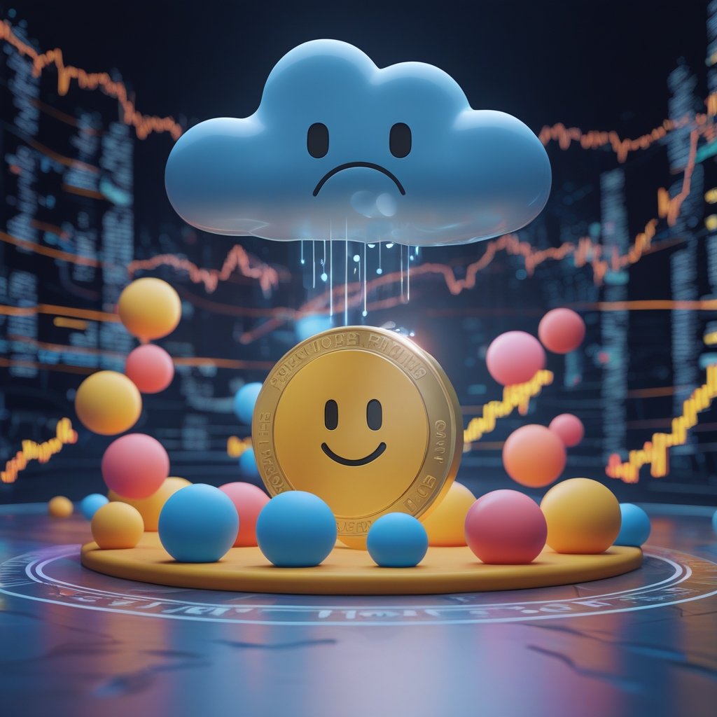 PEPENODE presale: A cartoon playground with colorful crypto balls, a big sad cloud above, and a smiling PEPENODE ball in the center.