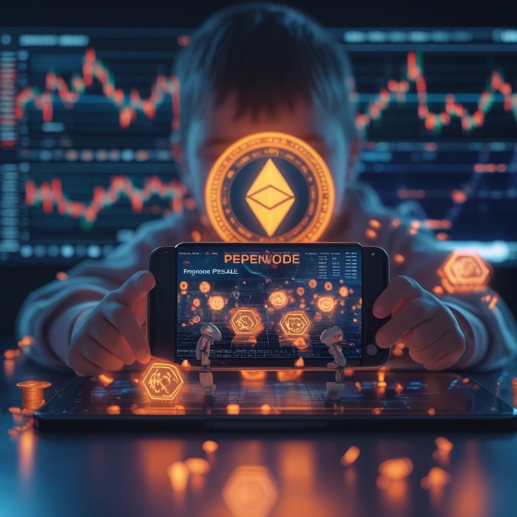 PEPENODE presale: A child playing with a tablet showing robot nodes mining digital treasure