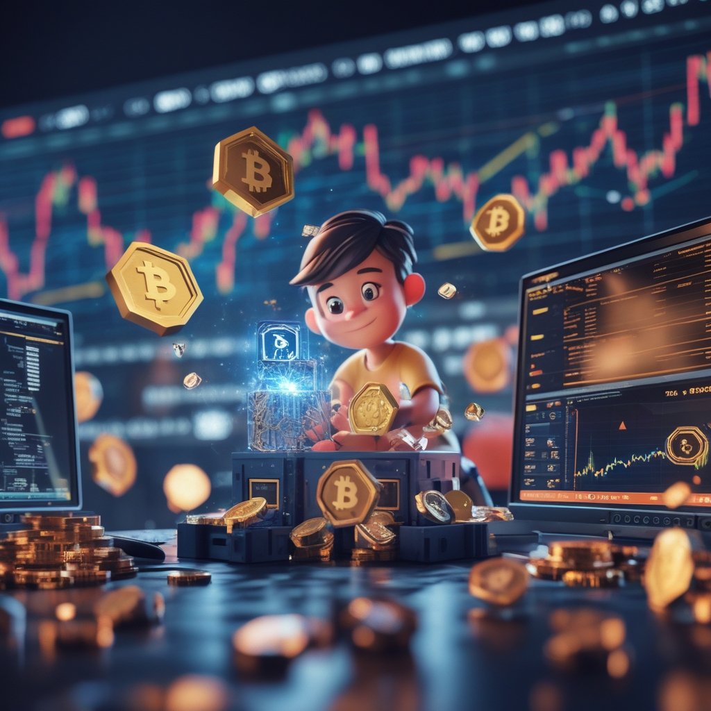 PEPENODE presale: A colorful cartoon showing a child building a virtual mining machine with blocks labeled 'nodes' on a computer screen, with coins popping out like treasure.