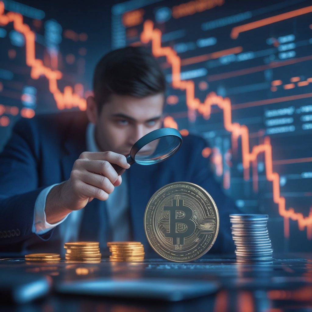 PEPENODE presale: A detective with a magnifying glass looking at digital coins and charts