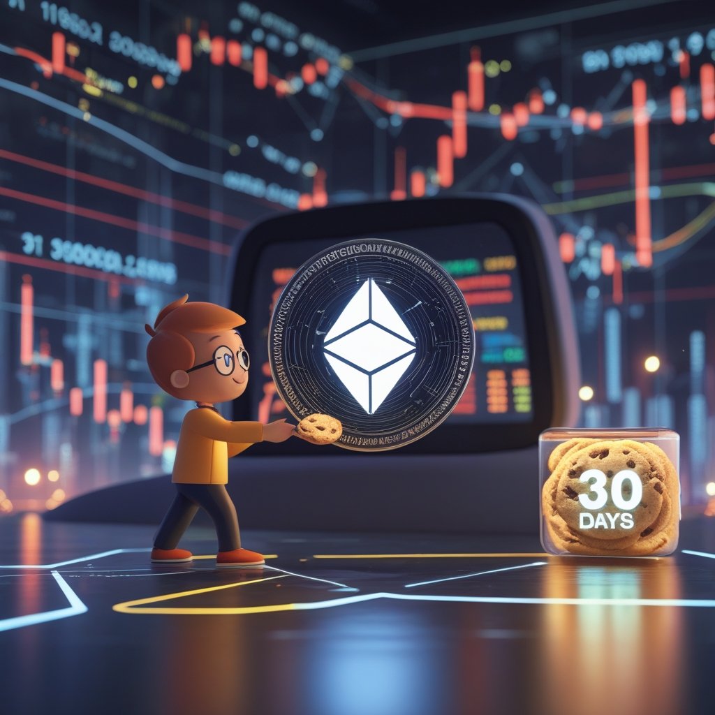 PEPENODE presale: A friendly cartoon character buying a PEPENODE cookie from a bakery counter, with a big clock showing 30 days.