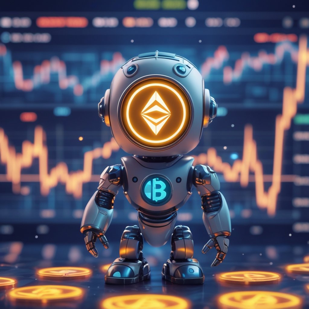 PEPENODE presale: A friendly cartoon robot holding a glowing digital coin, with bright colors and smiling faces.