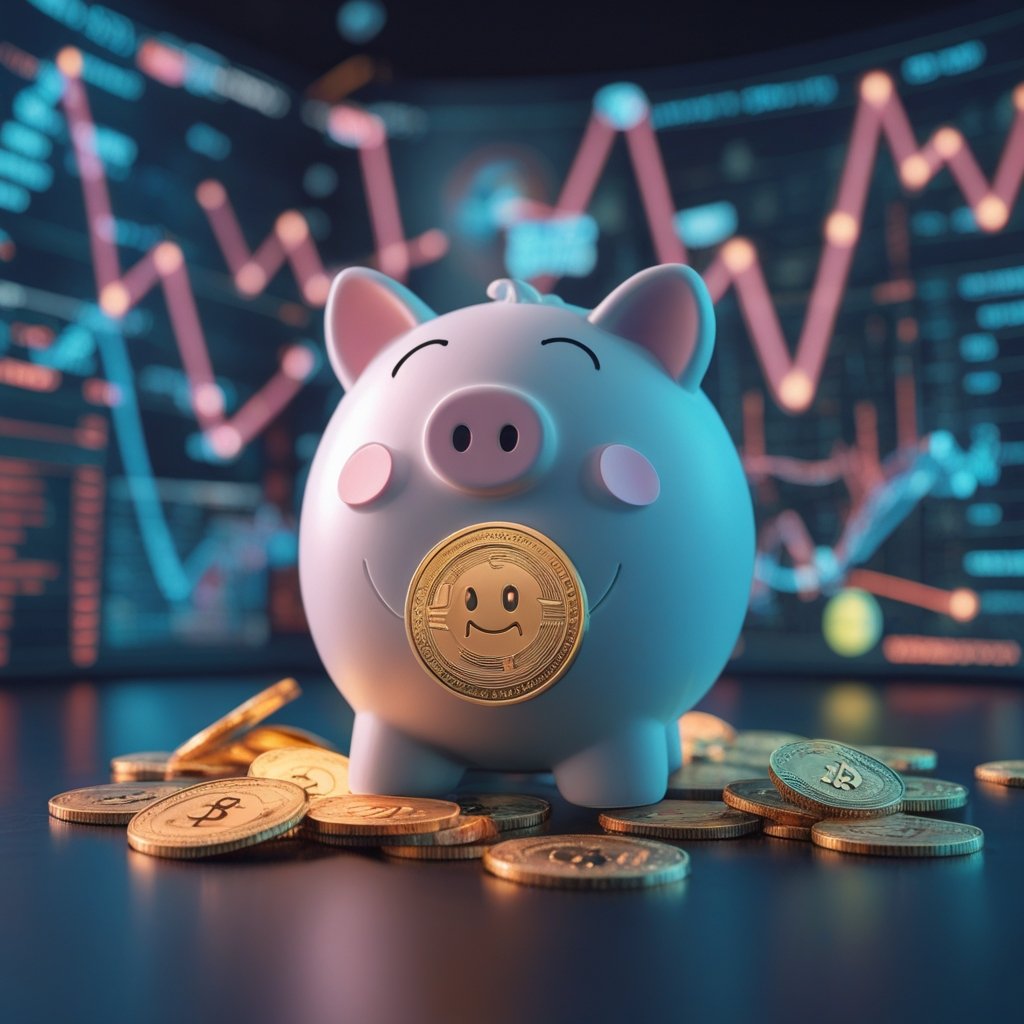PEPENODE presale: A friendly cartoon showing a digital coin with a happy face sitting in a piggy bank labeled 'staking', with coins spilling out like a reward.