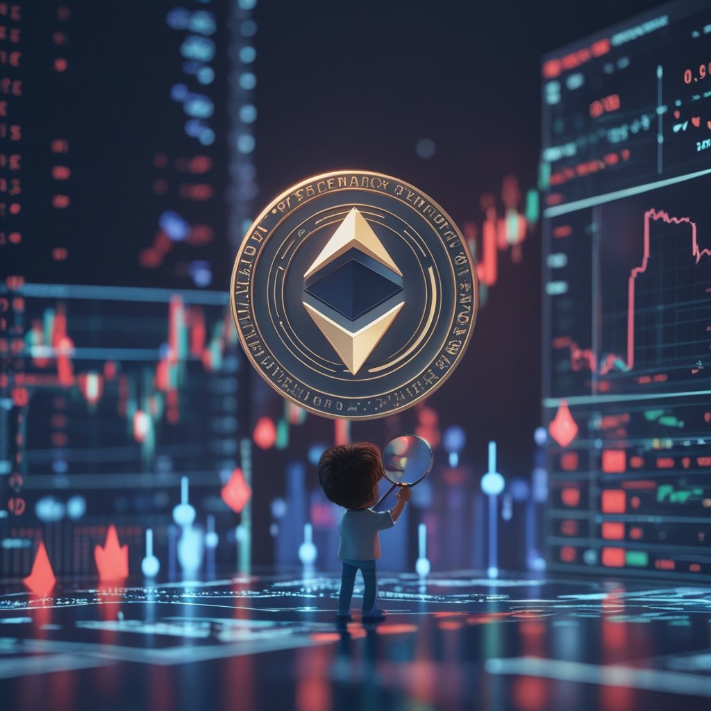 PEPENODE presale: A simple cartoon showing a child holding a magnifying glass, looking at a chart with up and down arrows, with a friendly guide explaining what it means.