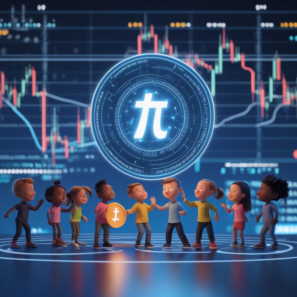 Pi Network catalysts: A group of diverse cartoon kids playing together with a digital Pi coin, smiling and having fun