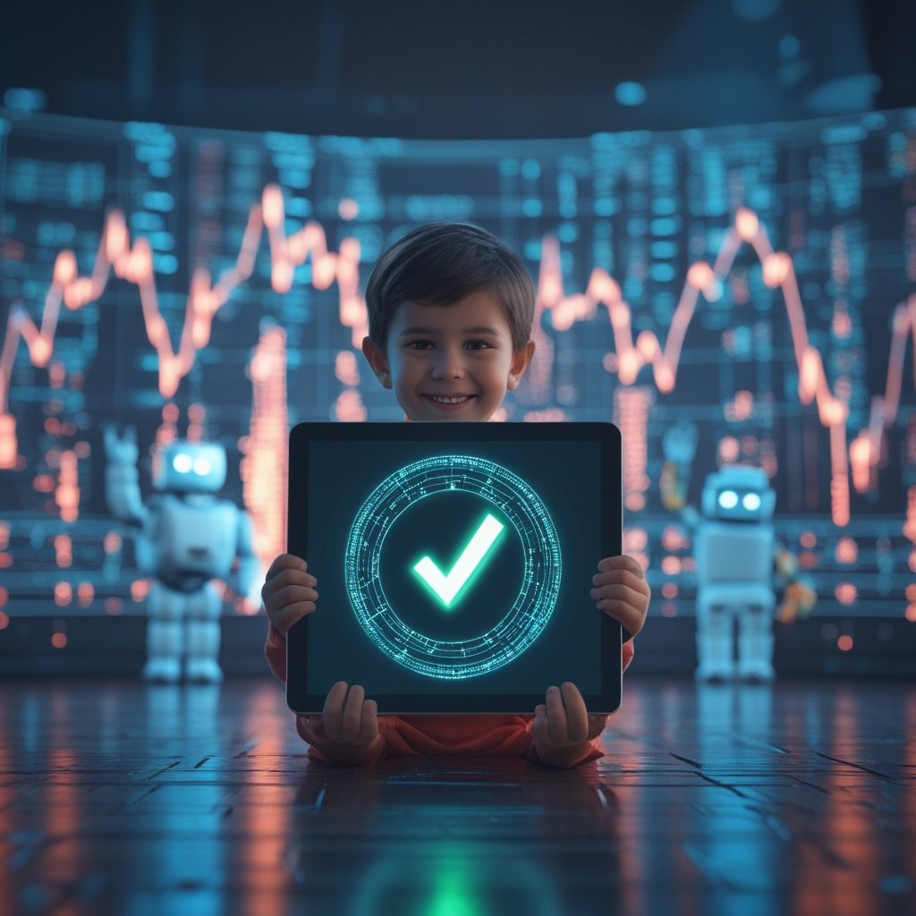 PoL risk metric: A happy child holding a tablet showing a green checkmark, with a friendly robot waving in the background.