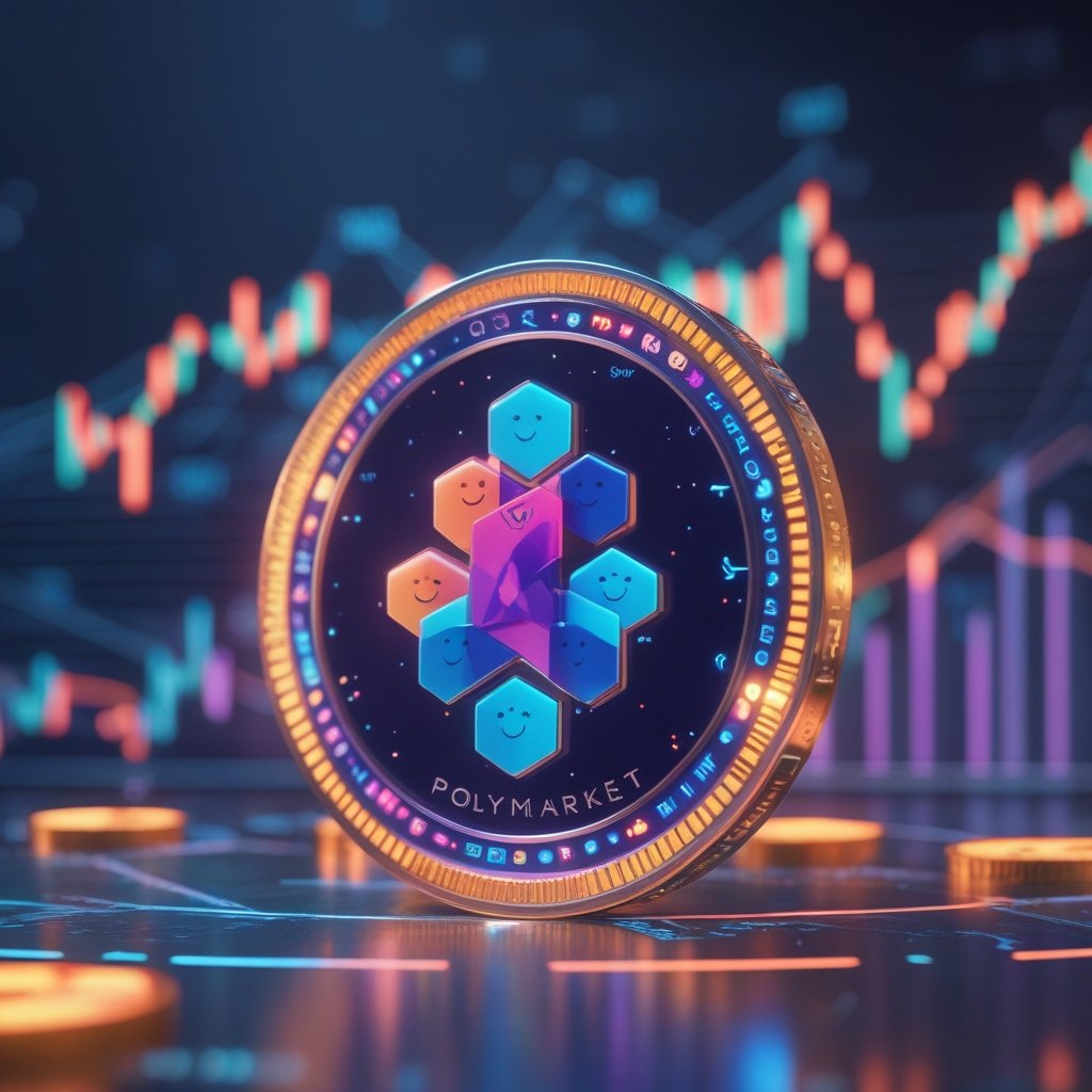 Polymarket CFTC approval: A colorful cartoon of a smartphone showing a game-like app with sports icons and happy faces, representing Polymarket