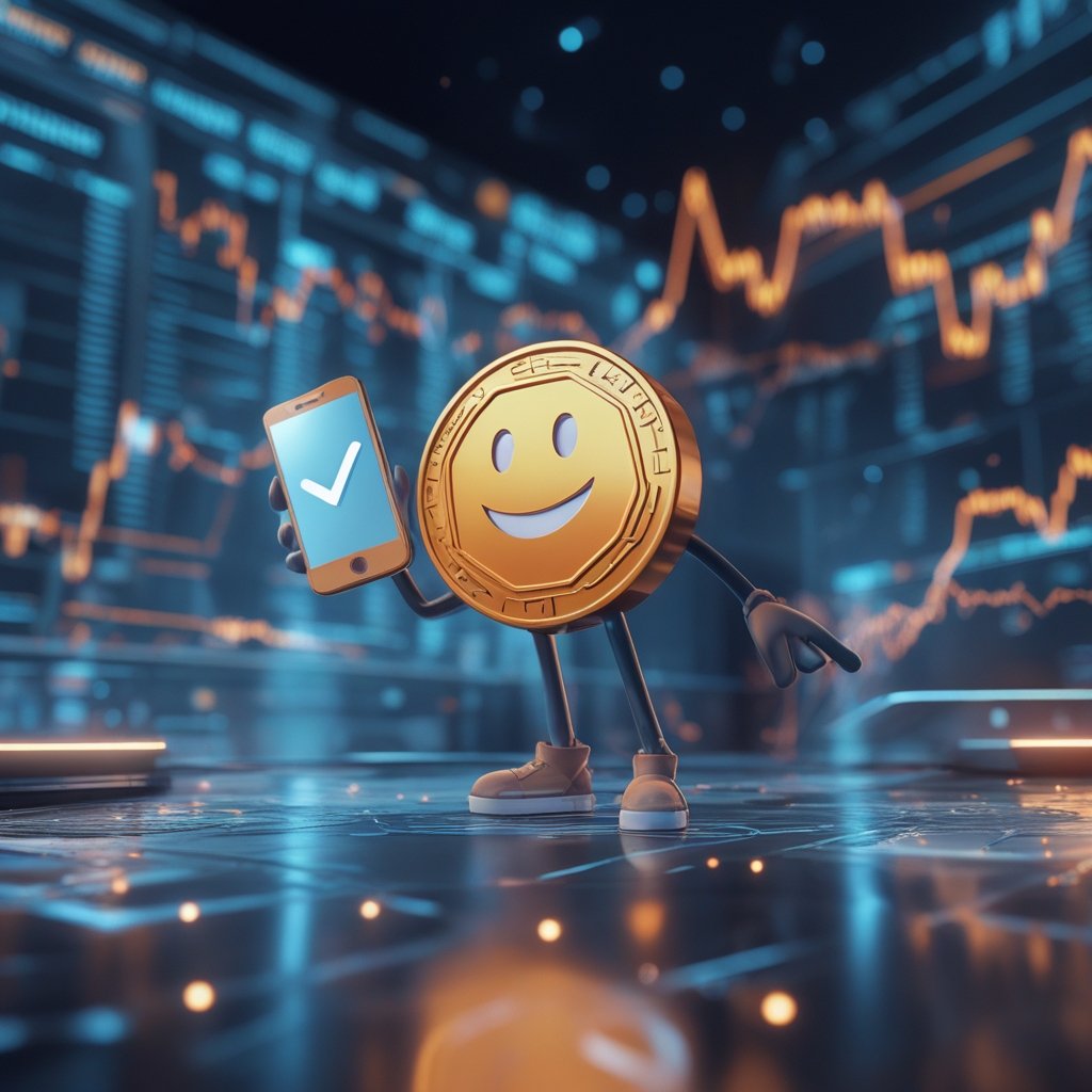 Polymarket CFTC approval: A happy cartoon character holding a smartphone with a checkmark and a smiley face, showing safety and approval