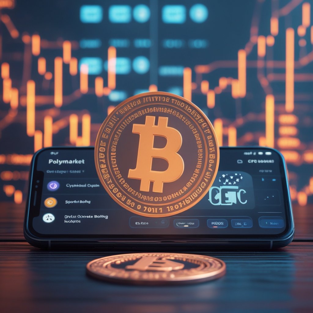 Polymarket US launch: A smartphone screen showing the Polymarket app interface with sports betting options, a US flag icon, and a CFTC seal in the corner