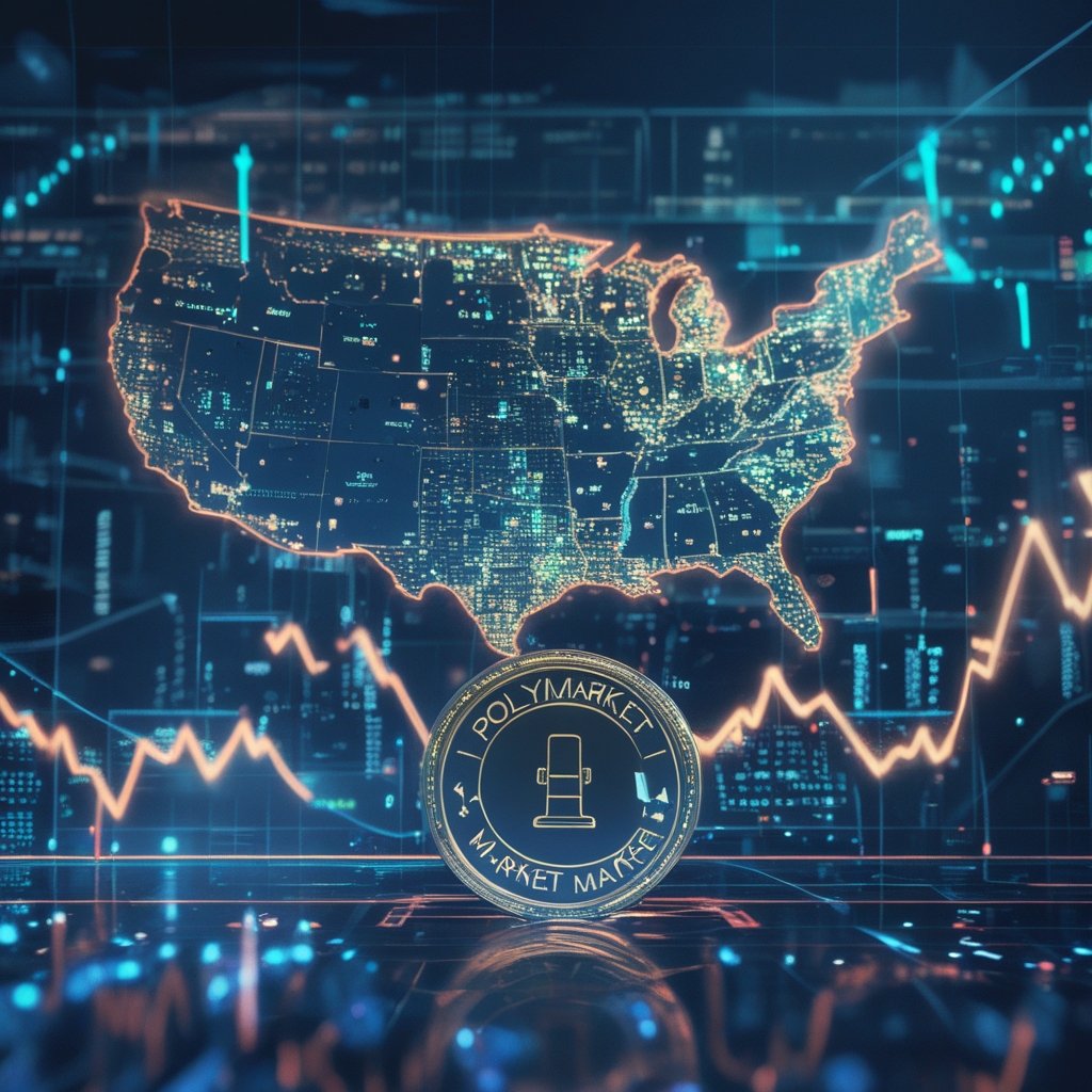 Polymarket market maker: A stylized map of the United States with prediction market icons and regulatory gavel graphics, representing Polymarket's expansion