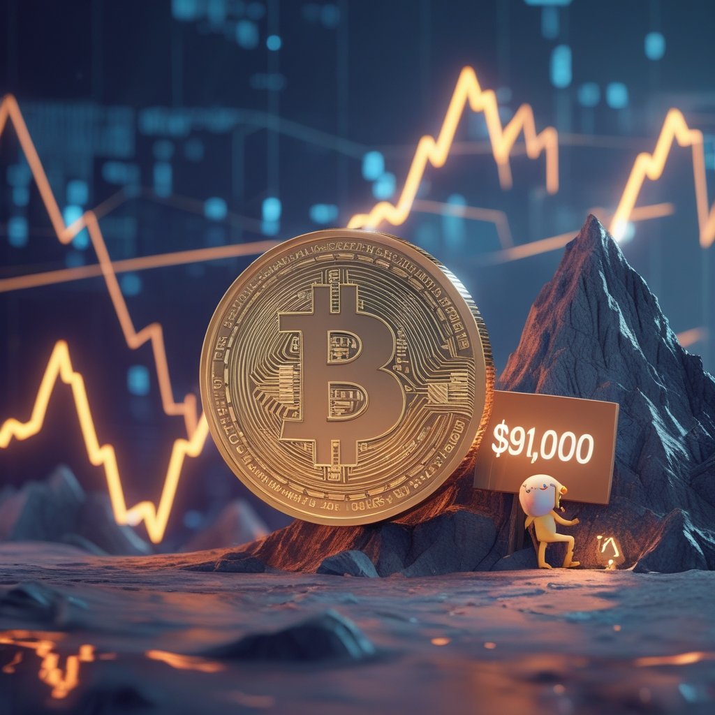 Powell tone crypto: A cute cartoon showing Bitcoin as a little character trying to climb a mountain with a sign that says $91,000