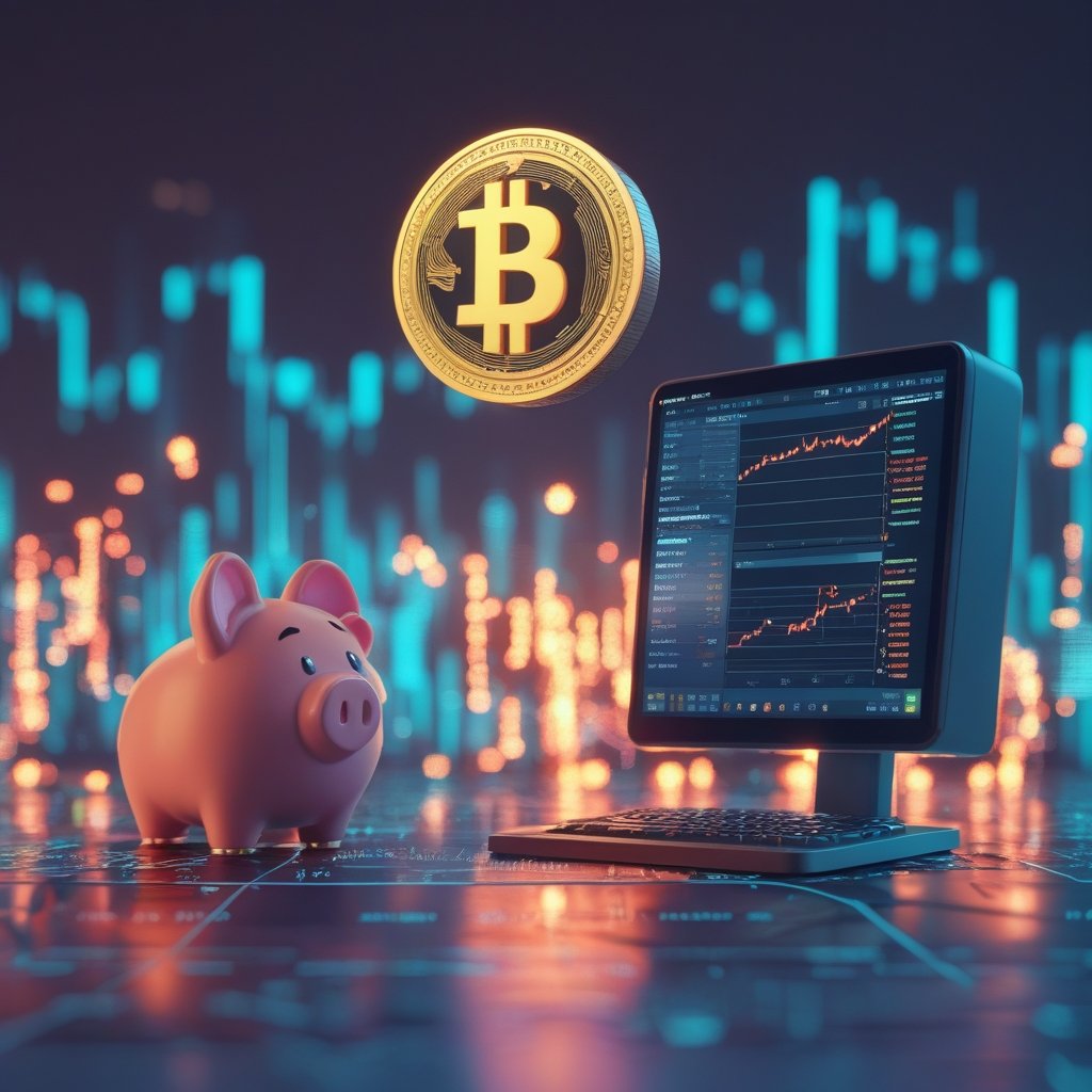 Powell tone crypto: A friendly cartoon showing a big piggy bank talking to a computer with digital coins floating around