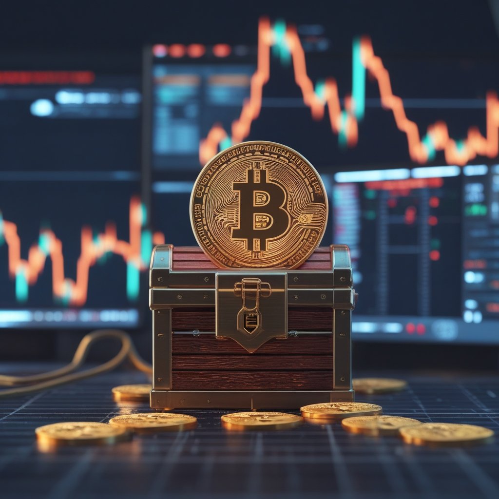 QuadrigaCX forfeiture: A cartoon of a big treasure chest with a lock and a computer screen showing digital coins, for kids