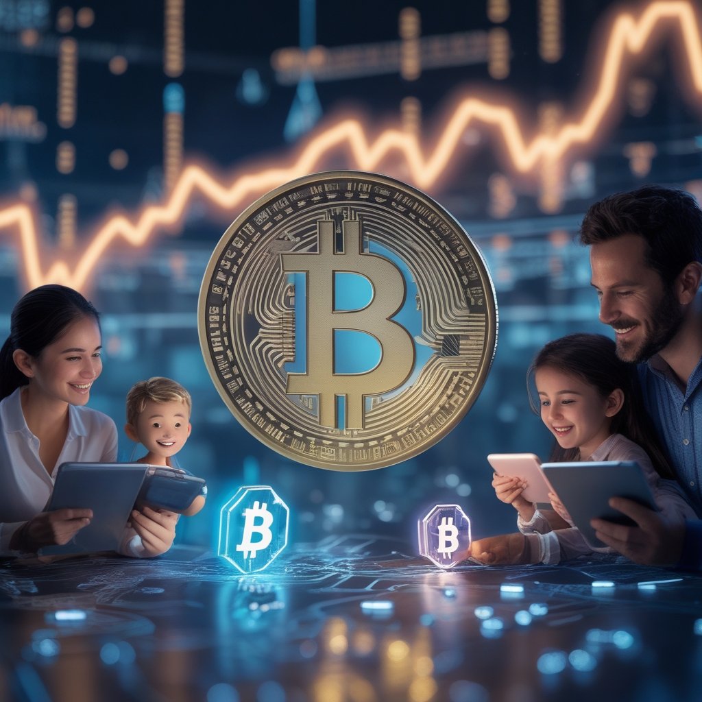 Real Finance: A happy cartoon family using digital money on a tablet, showing the future of payments