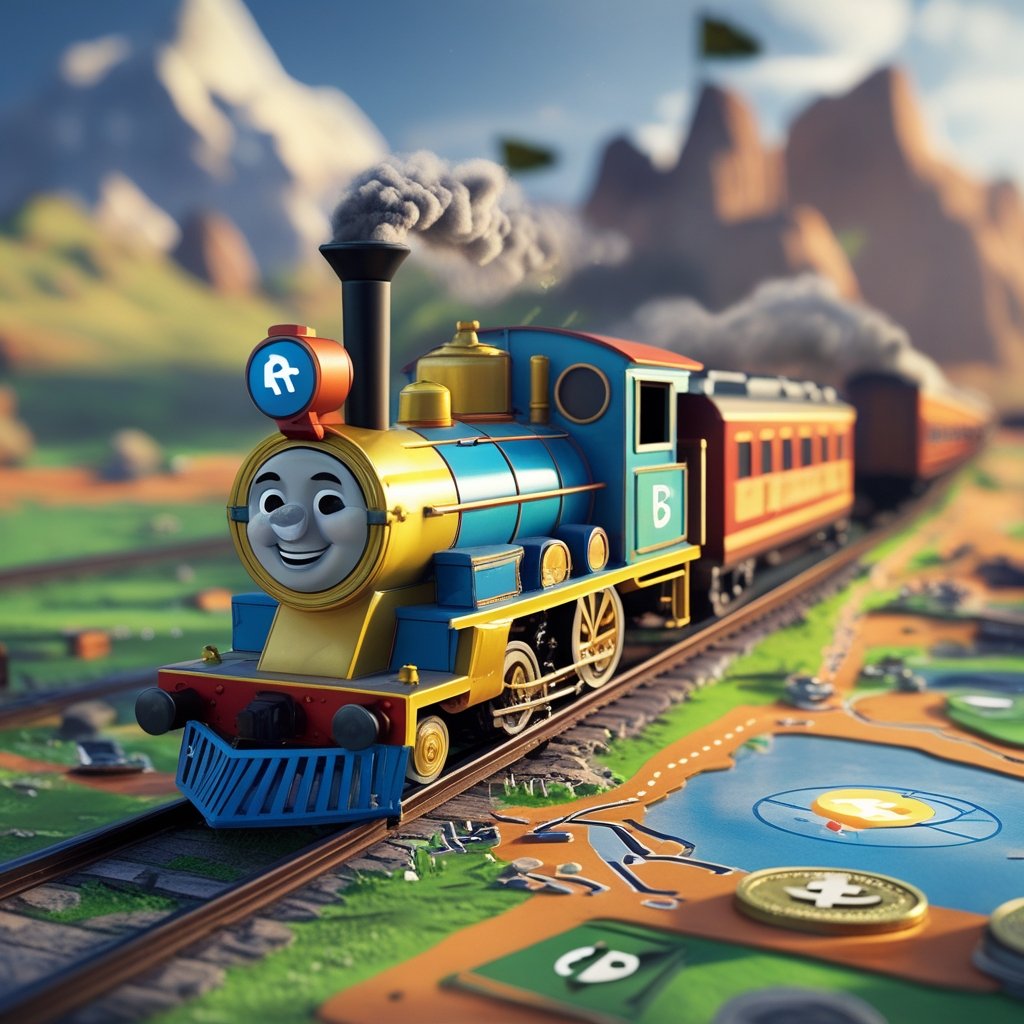 Ripple Payments integration: A colorful cartoon train zooming across a map, carrying coins and digital symbols