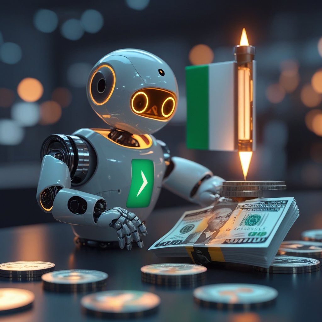 Ripple Payments integration: A friendly robot turning glowing digital coins into paper money with a Nigerian flag
