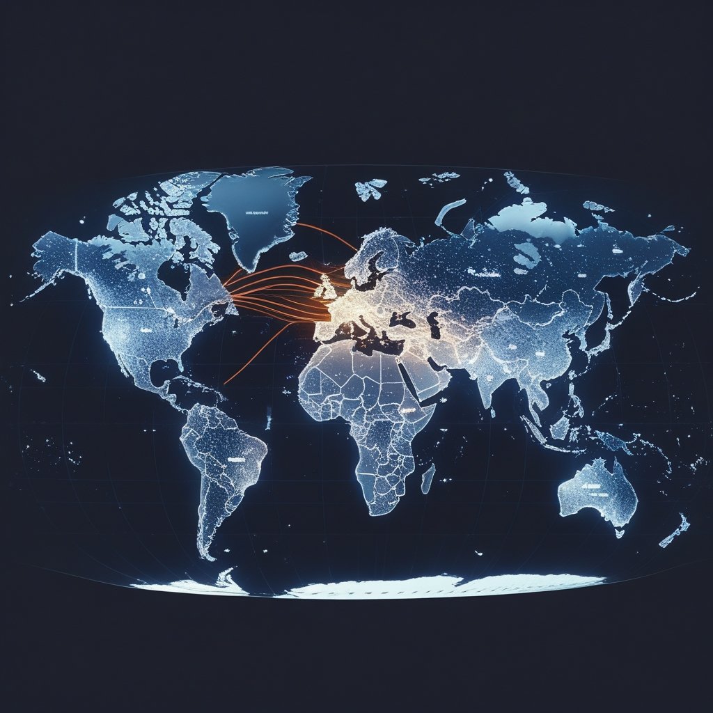 Ripple Payments integration: A world map with glowing lines showing money zipping between countries