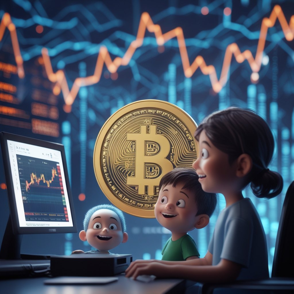 Ripple XRP ETF: A friendly cartoon showing a child and parent looking at a computer screen with XRP prices, with happy faces and simple charts