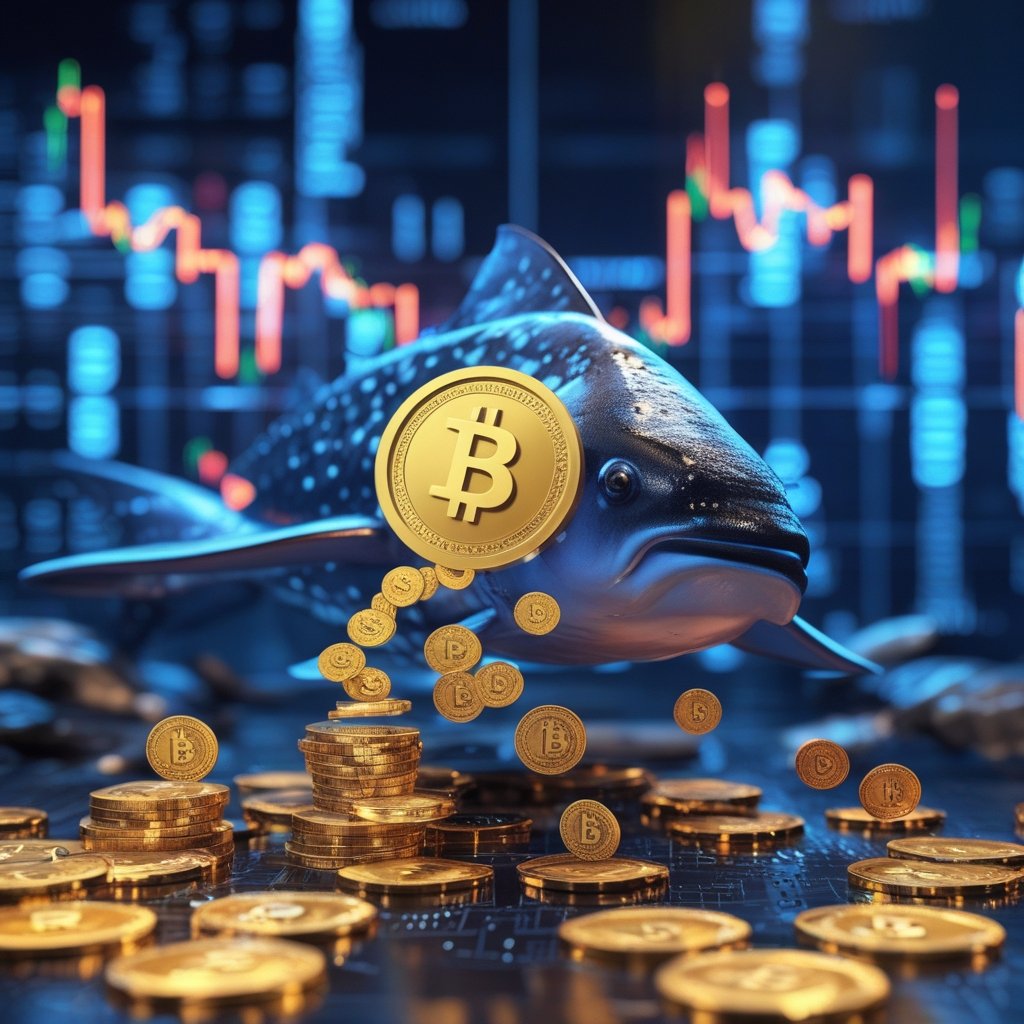 Ripple XRP ETF: A simple cartoon showing a big fish (whale) selling lots of colorful XRP coins to smaller fish, with a price chart going down