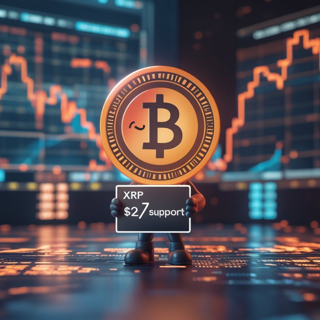 Ripple price struggles: A friendly cartoon character holding a sign that says 'XRP $2 support' with simple shapes and colors