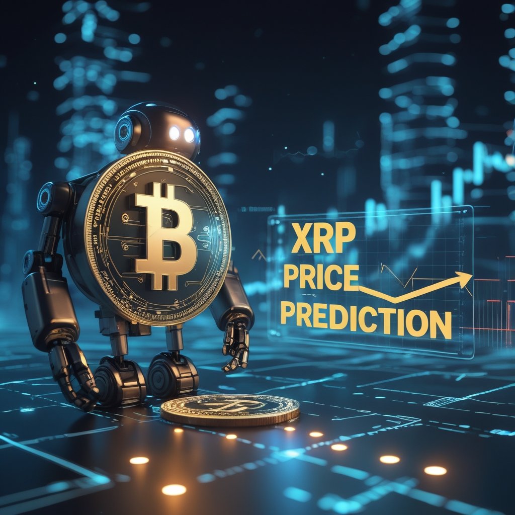 Ripple price struggles: A simple drawing of a robot looking at a chart with up and down arrows, with the words 'XRP price prediction' in big letters