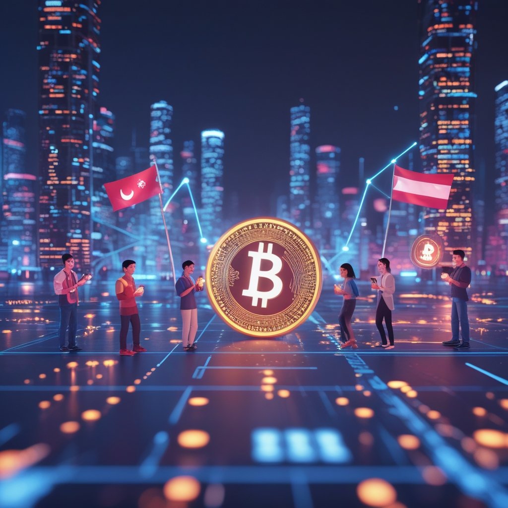 Robinhood Indonesia acquisition: A colorful future city with happy people using phones to buy and sell digital money, with Robinhood and Indonesian flags flying together