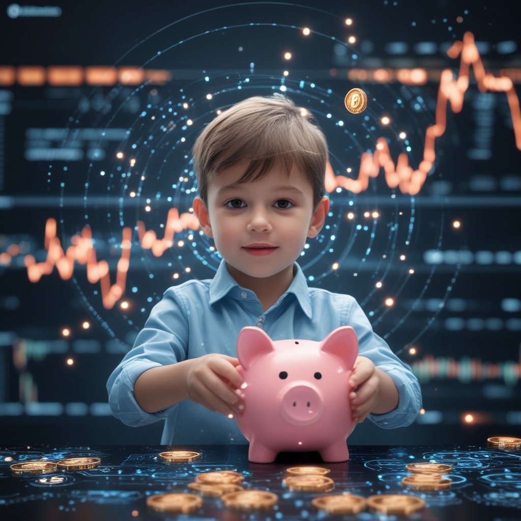 SEC tokenization timeline: A child holding a giant piggy bank with tiny digital tokens floating around it, like magical sparkles