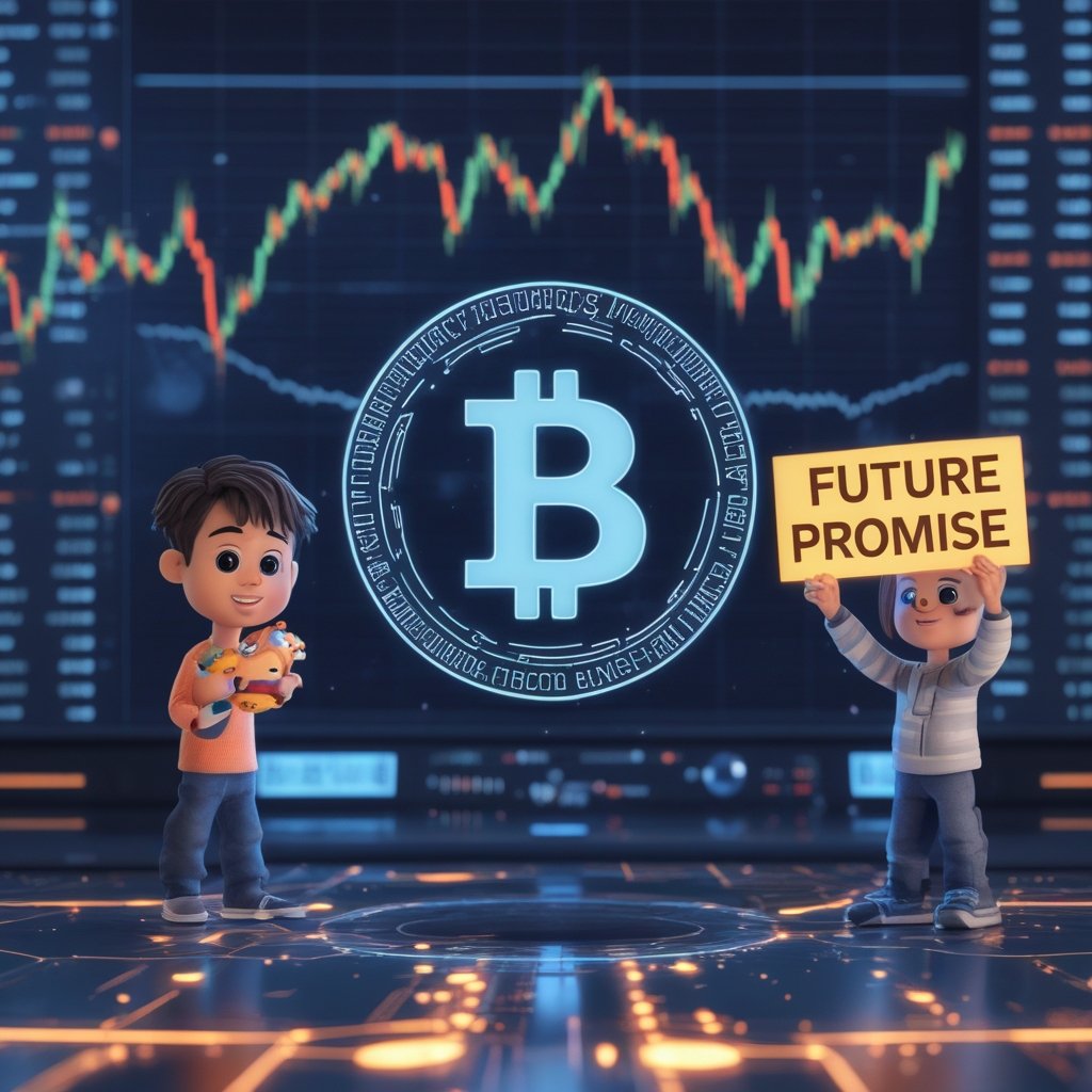 SGX crypto futures: A cartoon of a kid holding a toy and a friend holding a sign that says 'Future Promise' to explain futures simply