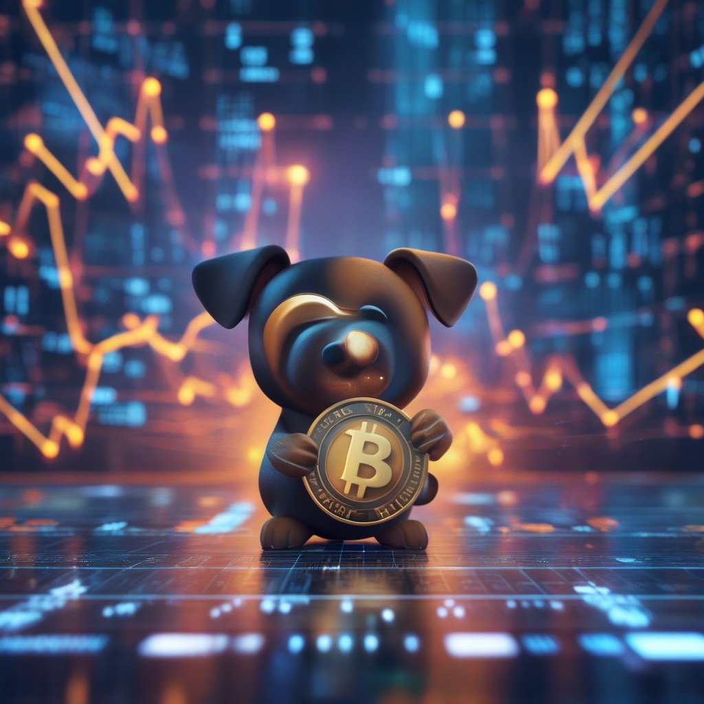 SHIB price prediction: A cute cartoon dog with a coin, showing a small price going up with arrows