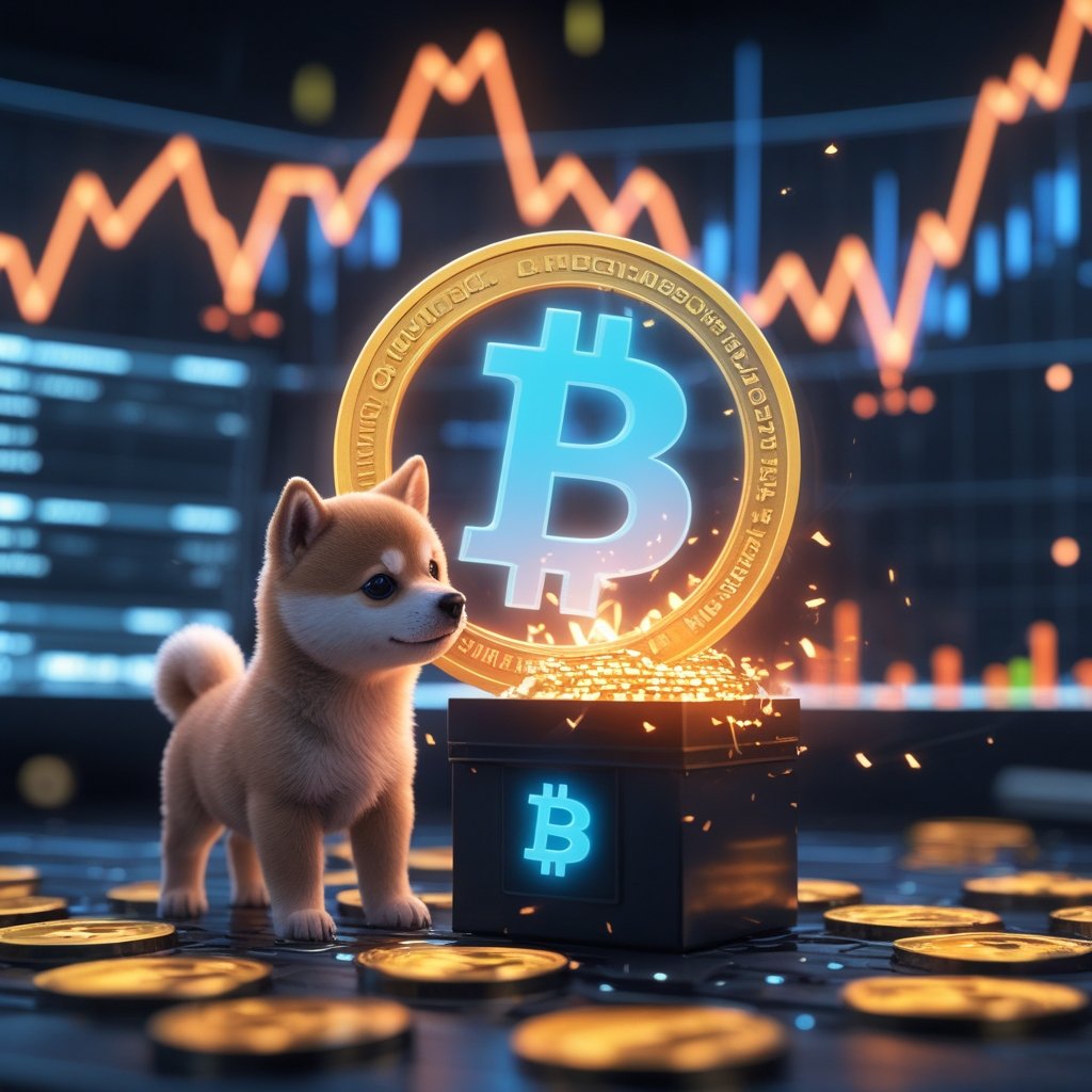 SHIB token burning: A cartoon of a cute Shiba Inu puppy looking at a box of tokens being put into a magic box that makes them disappear