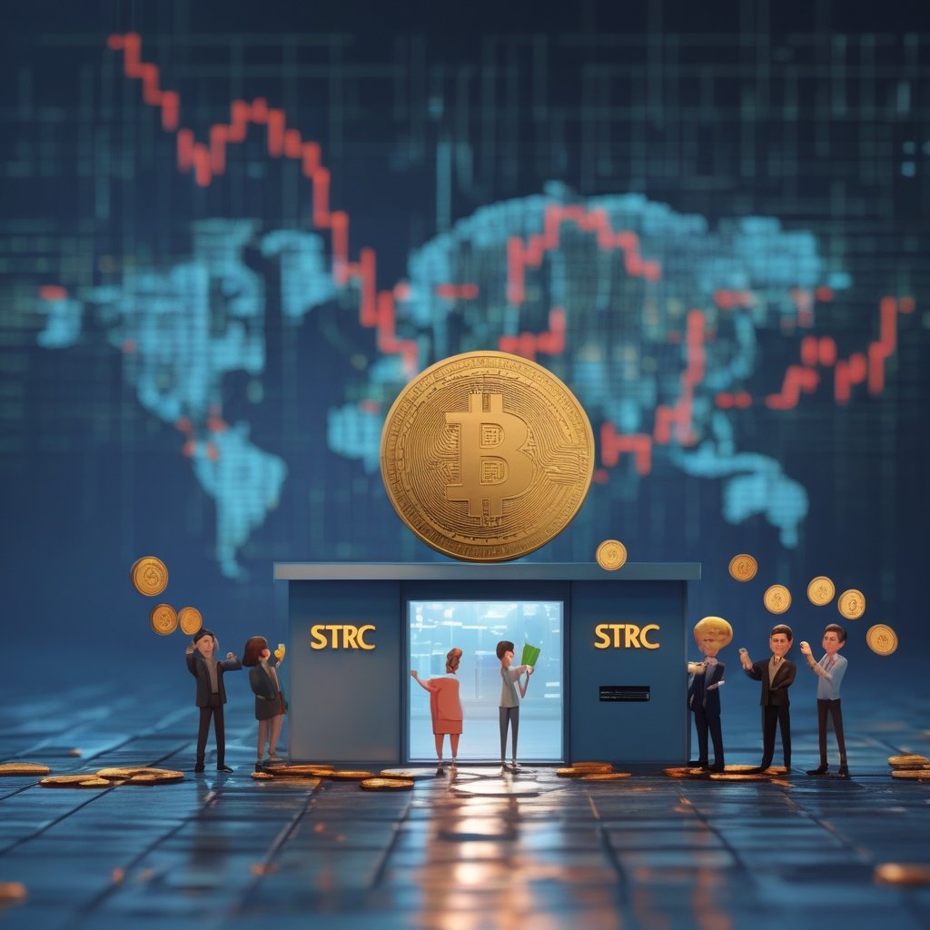 STRC dividend: A simple cartoon of a company building with a sign that says 'STRC' and coins flying out of a window to happy people holding tickets.
