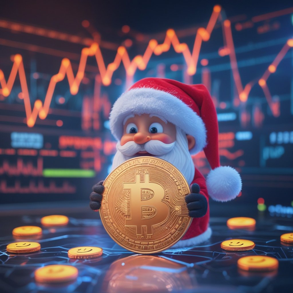 Santa rally Bitcoin: A colorful chart with happy smiley faces showing Bitcoin prices going up like a rainbow