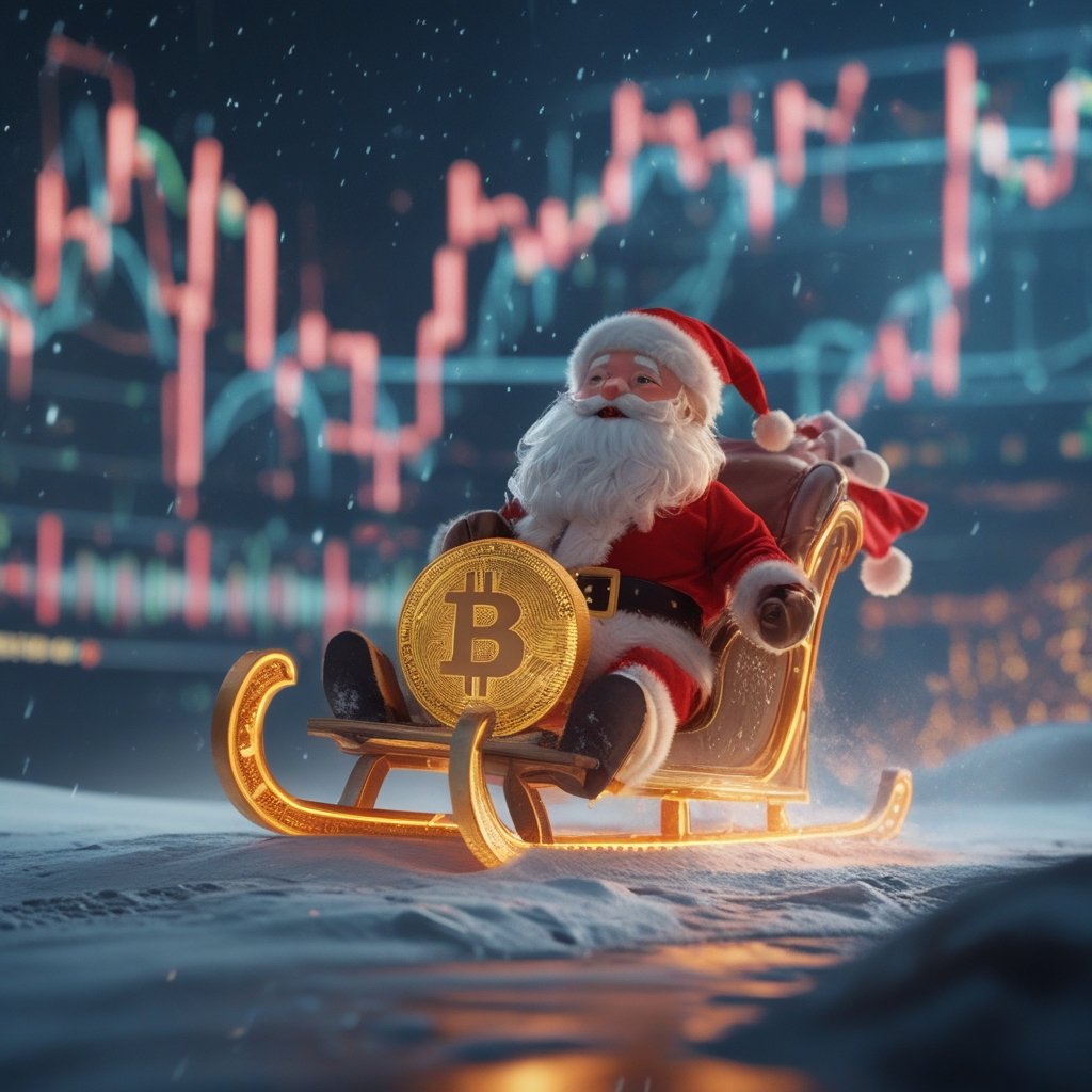 Santa rally Bitcoin: A friendly cartoon Santa Claus riding a Bitcoin coin like a sleigh through a snowy landscape