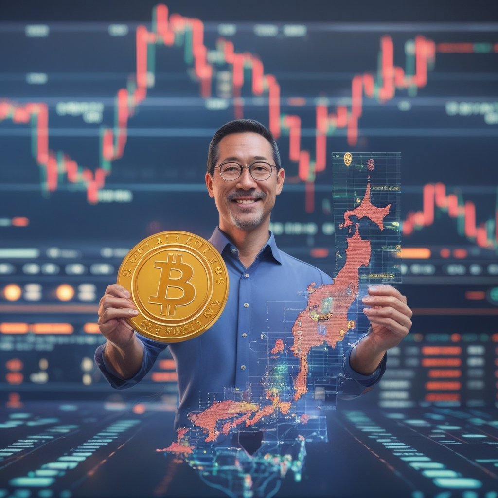 Saylor strategy Japan: A friendly cartoon of Michael Saylor holding a map of Japan with Bitcoin symbols