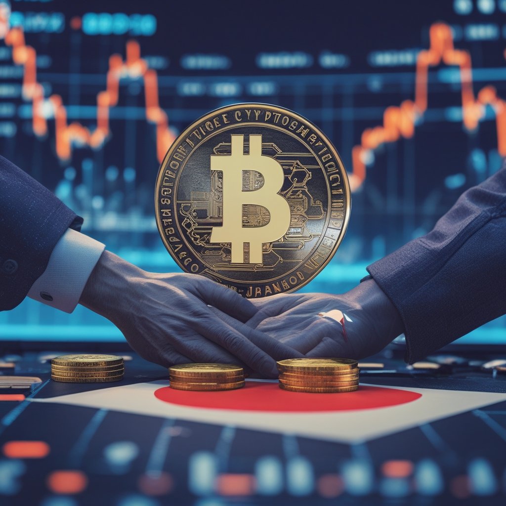 Saylor strategy Japan: A simple drawing of two hands shaking over a Japanese flag with digital coins