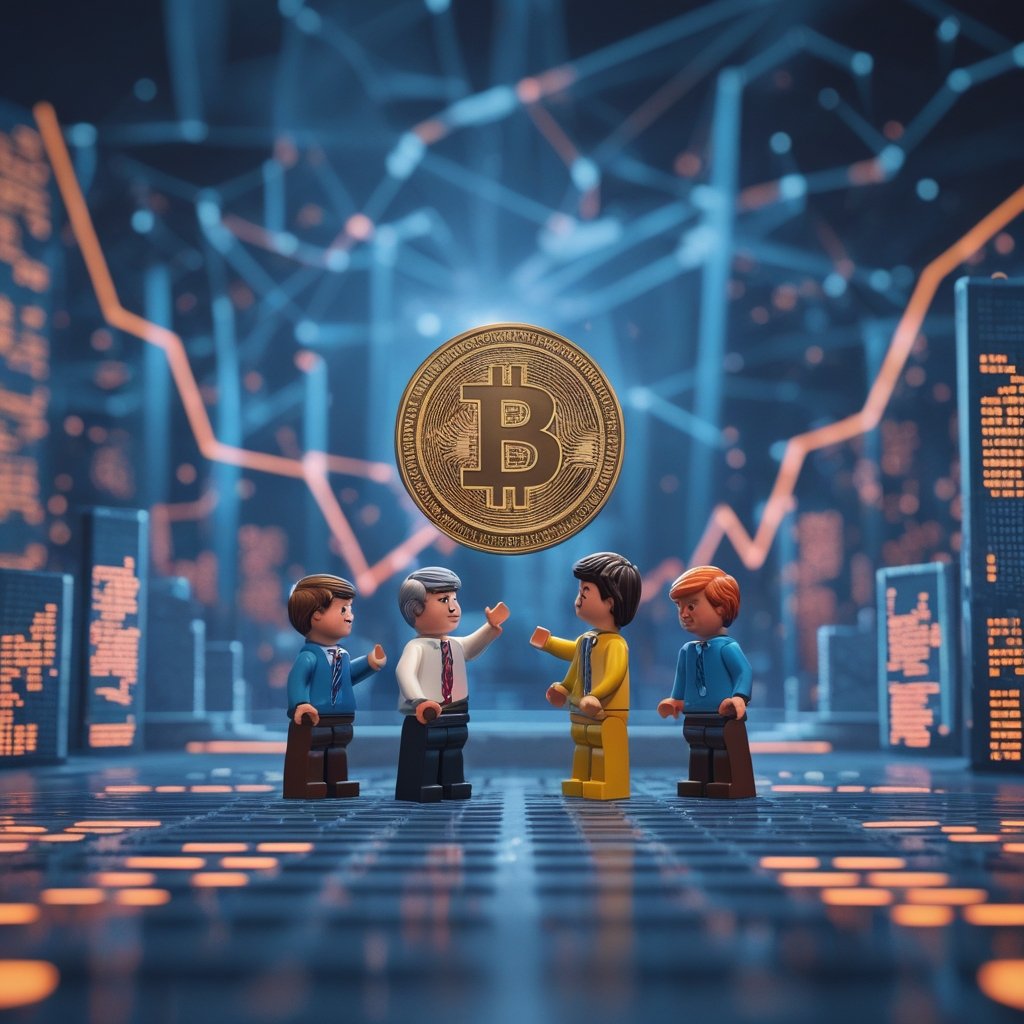 Senate Crypto Legislation: A simple cartoon of two teams of kids arguing over how to build a LEGO castle, representing Democrats and Republicans in the Senate