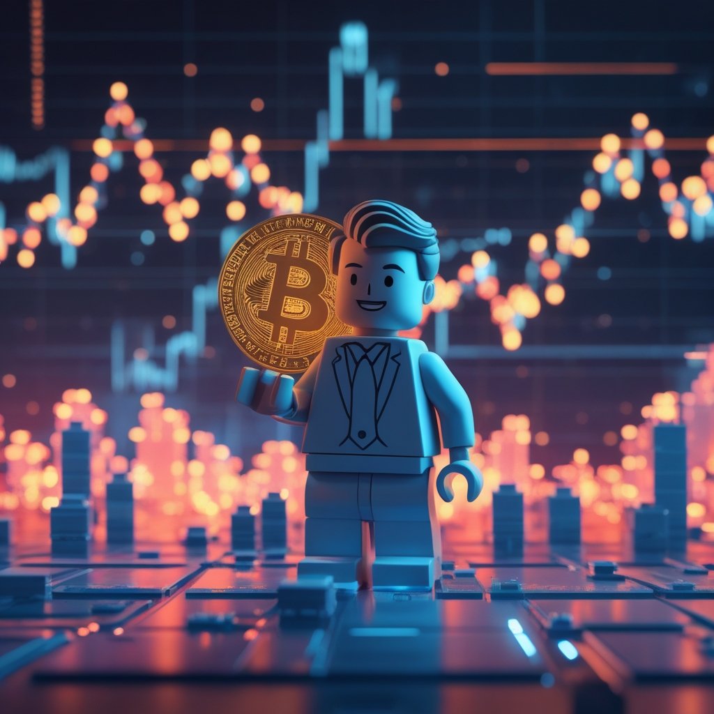 Senator Lummis crypto: A friendly cartoon character explaining computer money with LEGO blocks