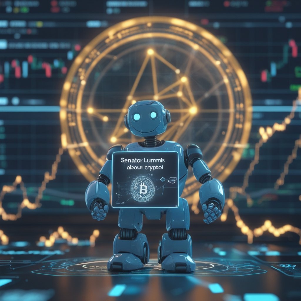Senator Lummis crypto: A friendly robot holding a sign that says 'Learn More About Crypto!'