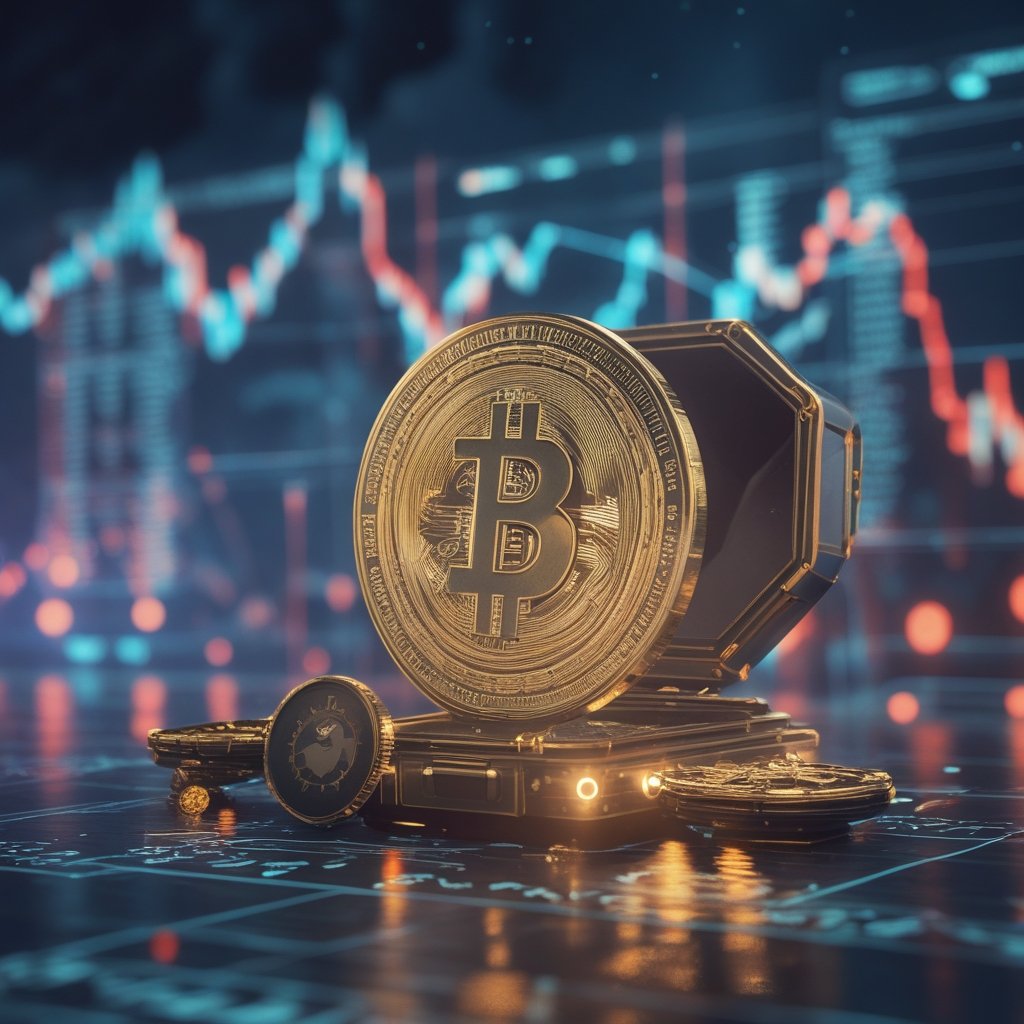 Senator Lummis crypto: A simple map showing a treasure chest with a computer and a shield