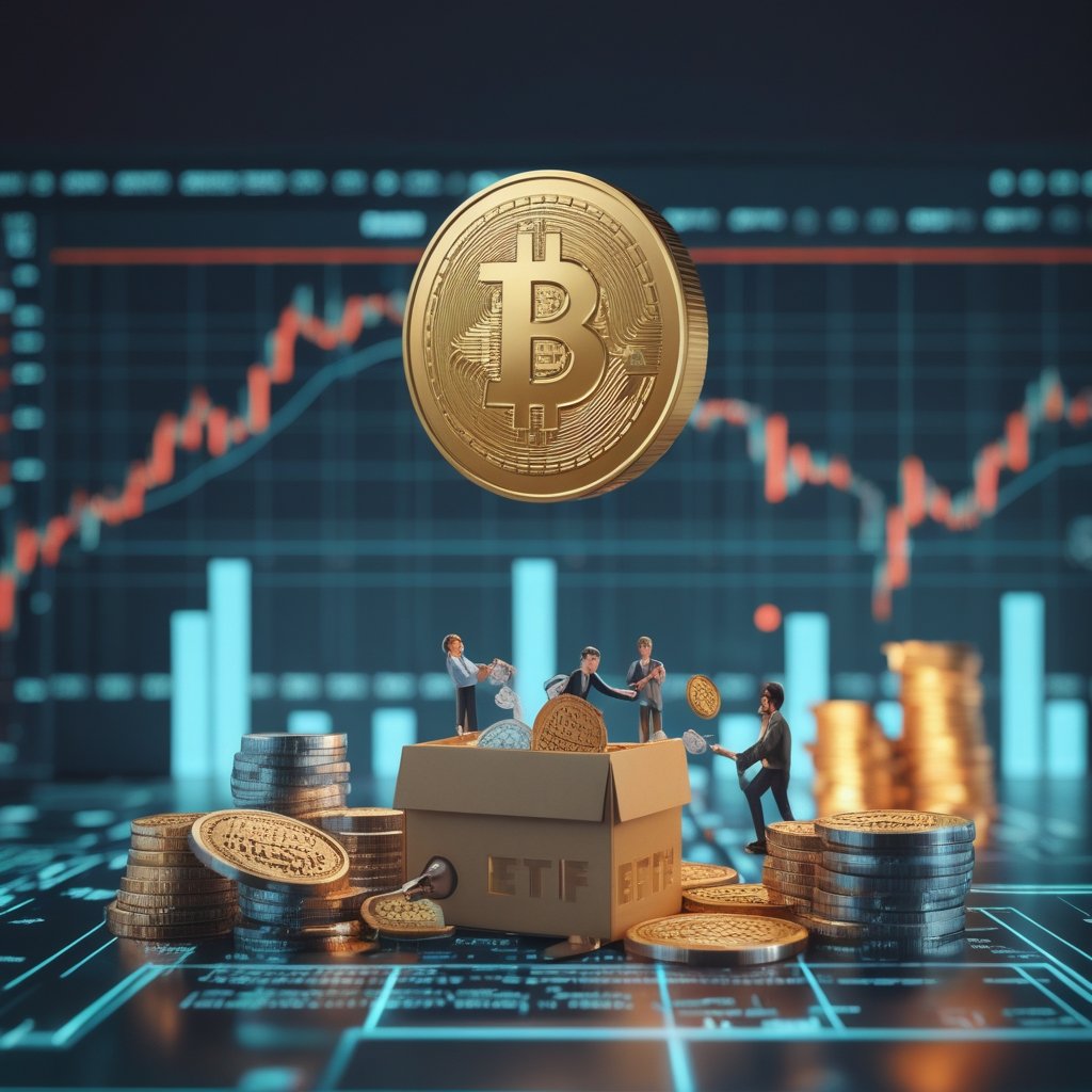 Solana price prediction: A cartoon ETF box with cookies shaped like Solana coins, with people putting money in and coins stacking up