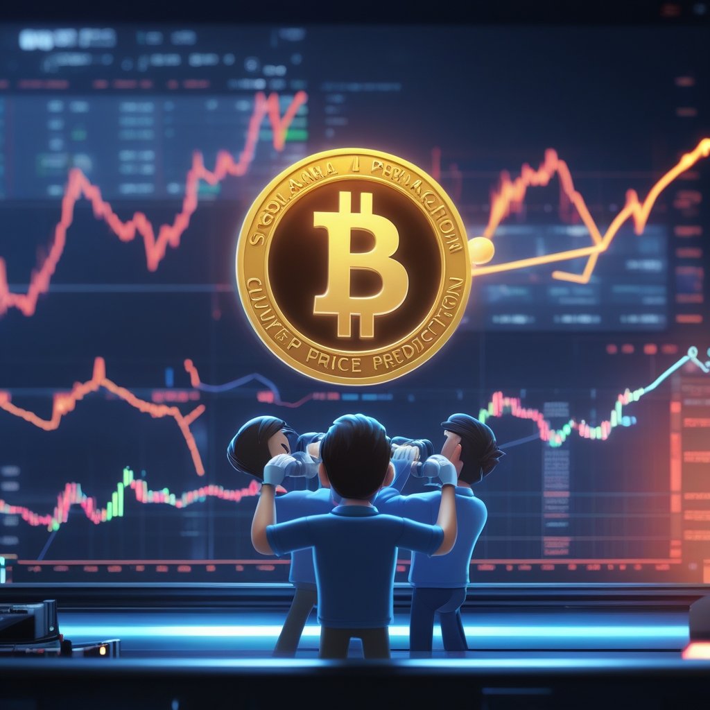 Solana price prediction: A group of friendly cartoon traders with binoculars watching a chart with a bouncing ball on a line