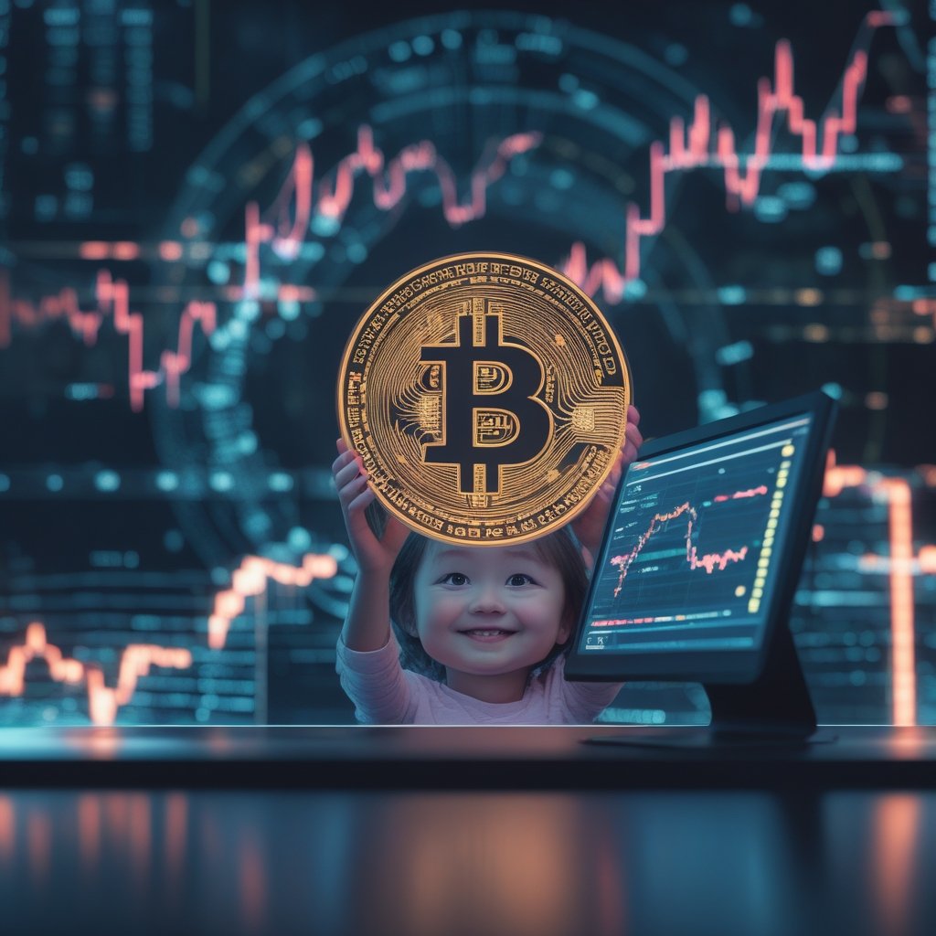 Solana price prediction: A happy child looking at a computer screen with digital coins, with a big smile