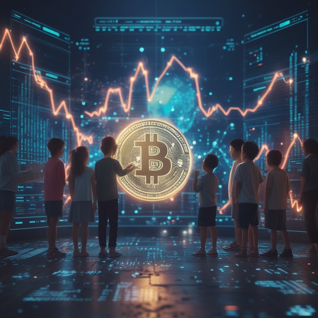 Solana token trading: A child proudly hanging their drawing on a wall while friends gather to look