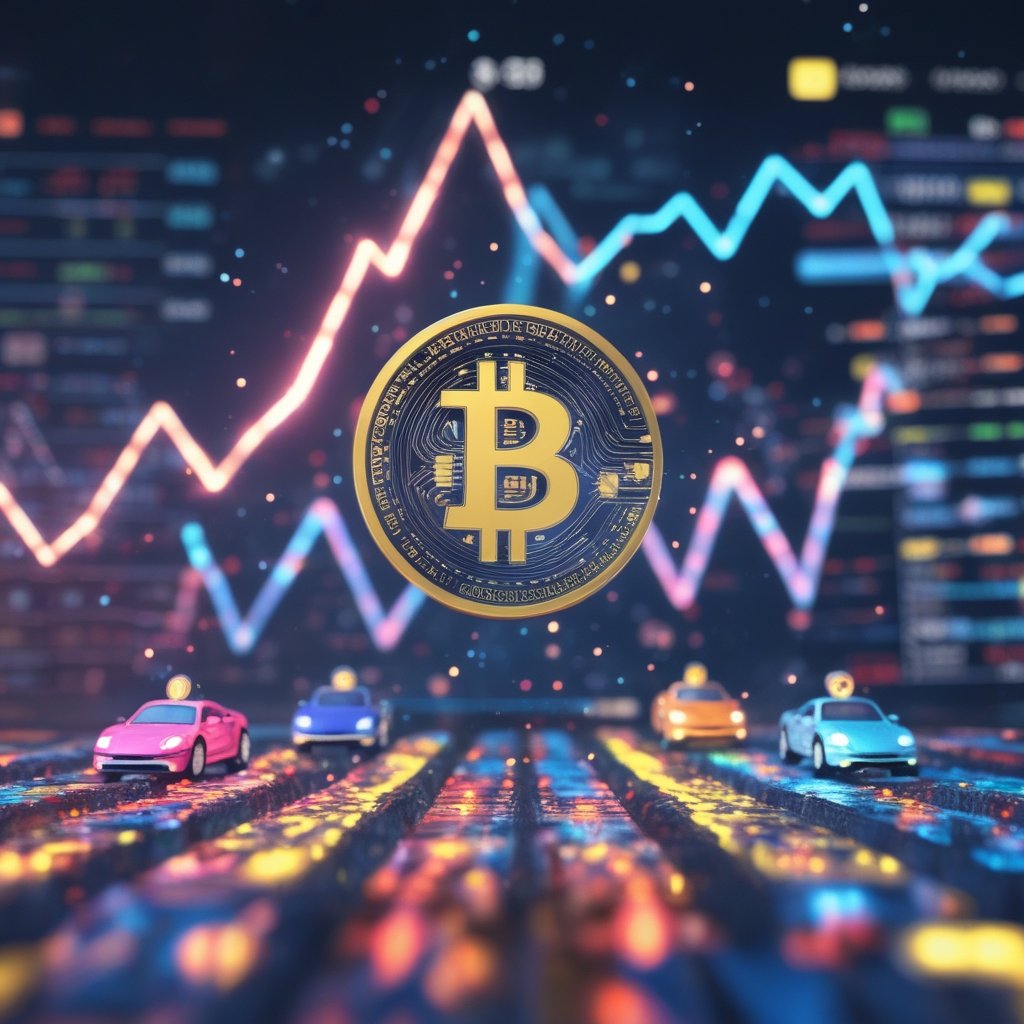 Solana token trading: A colorful racing game track with kids jumping into cars without coins