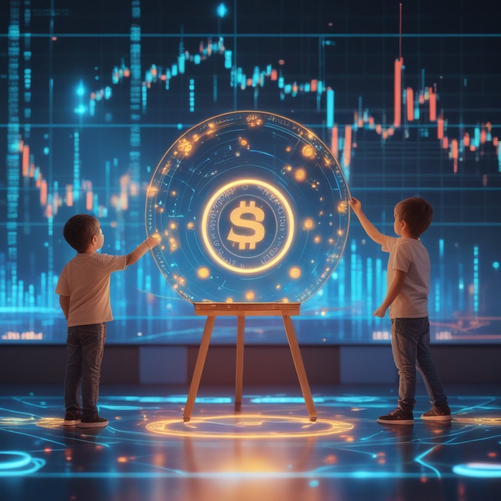 Solana token trading: A kid drawing a new toy on a tablet while another kid points to it on a big store shelf