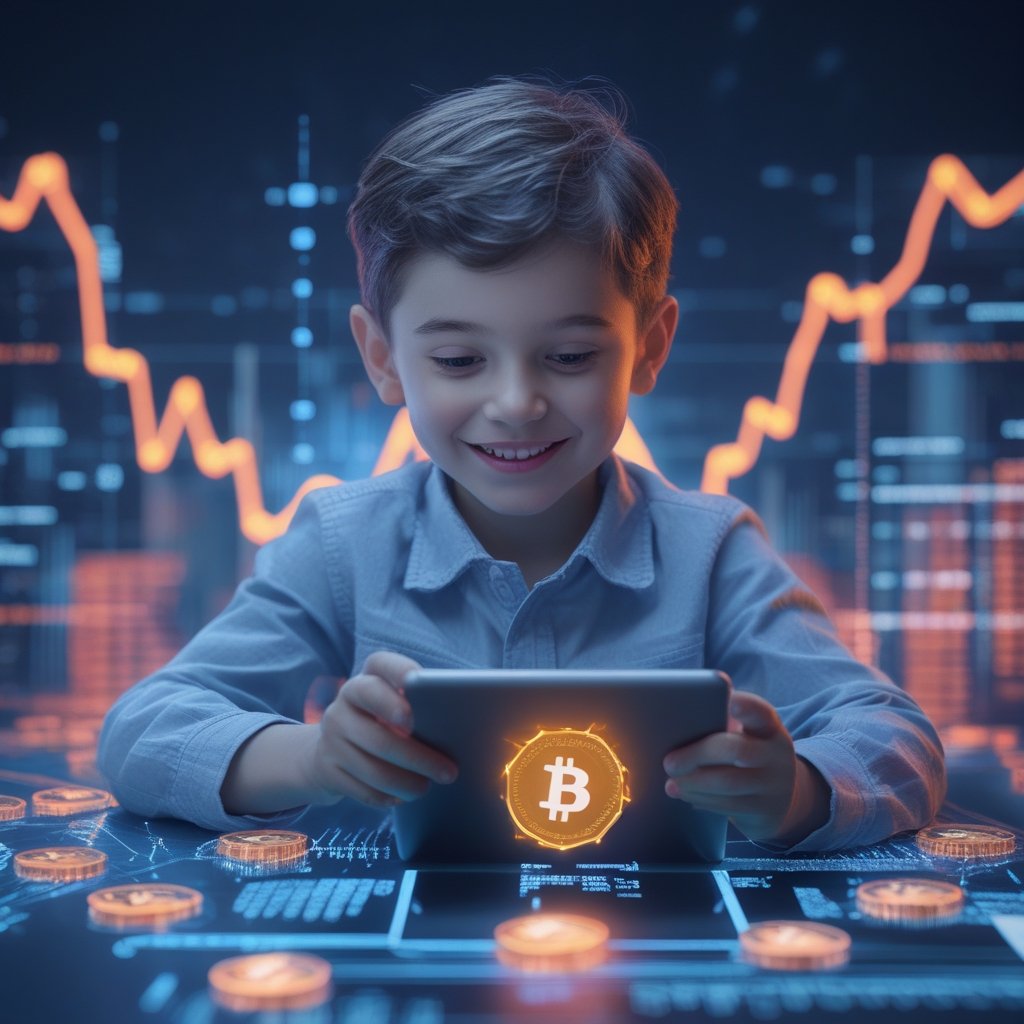 StableChain mainnet launch: A child using a tablet to send digital coins to a friend, with a happy smile