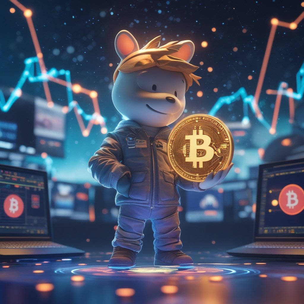 Stablecoins: A friendly cartoon character holding a glowing digital coin, with a background of video game worlds and stars.