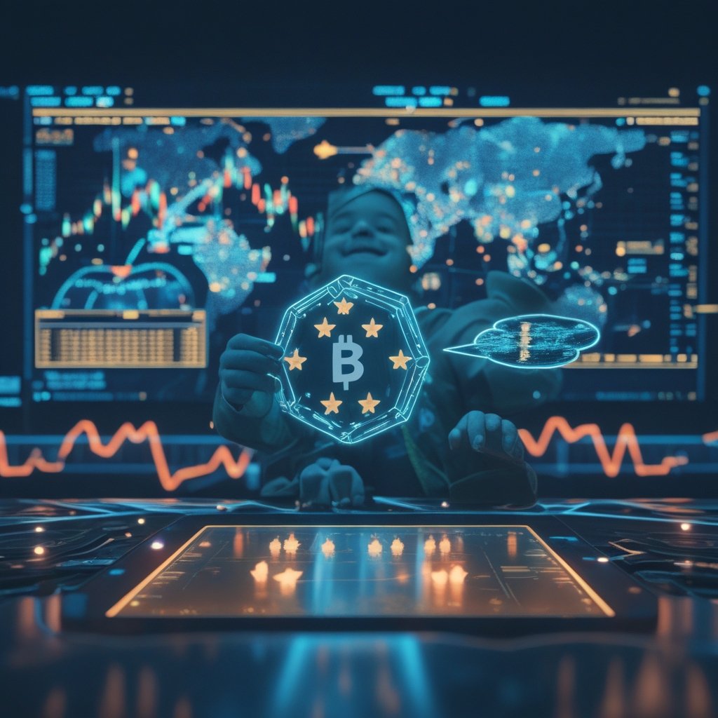 Stablecoins: A simple illustration of a child smiling while looking at a tablet with a video game, with a thought bubble showing digital coins and stars.